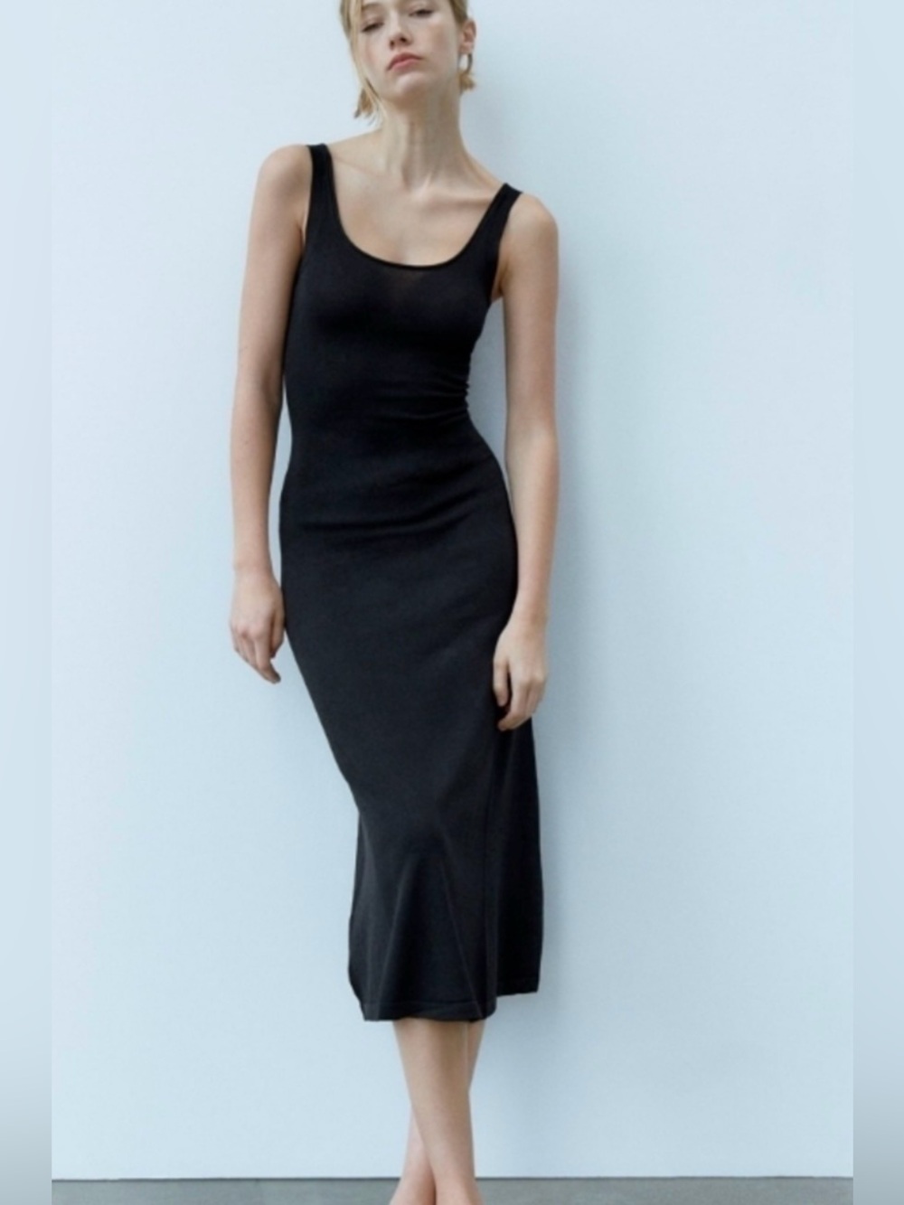 ZARA Classic Black Tank Midi Dress Cotton Medium LBD little black dress